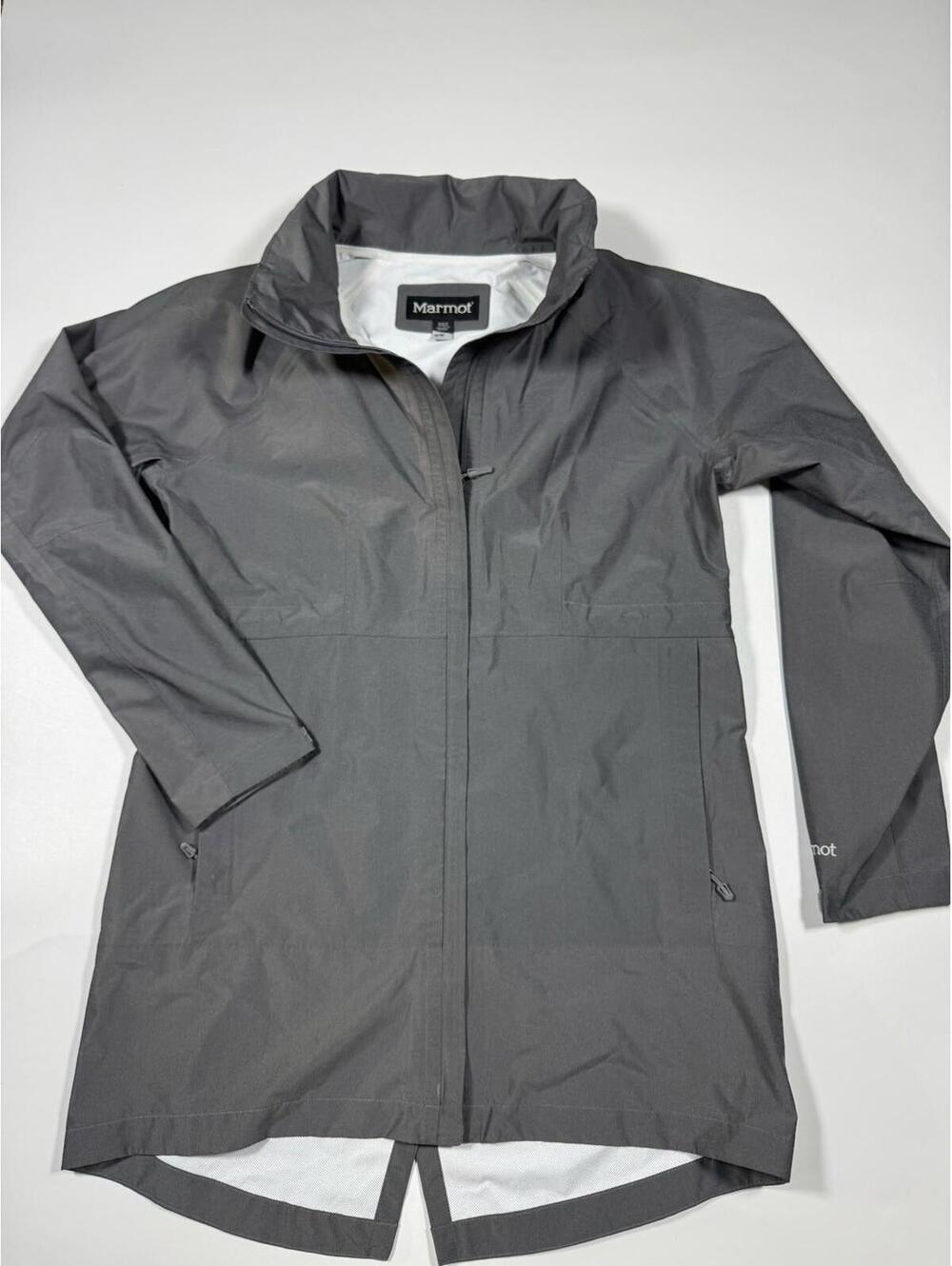 Marmot Womens M Gray Long Rain Jacket Hooded Waterproof Coat
